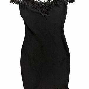 Donna Richardson off the shoulder black mini dress with lace trim